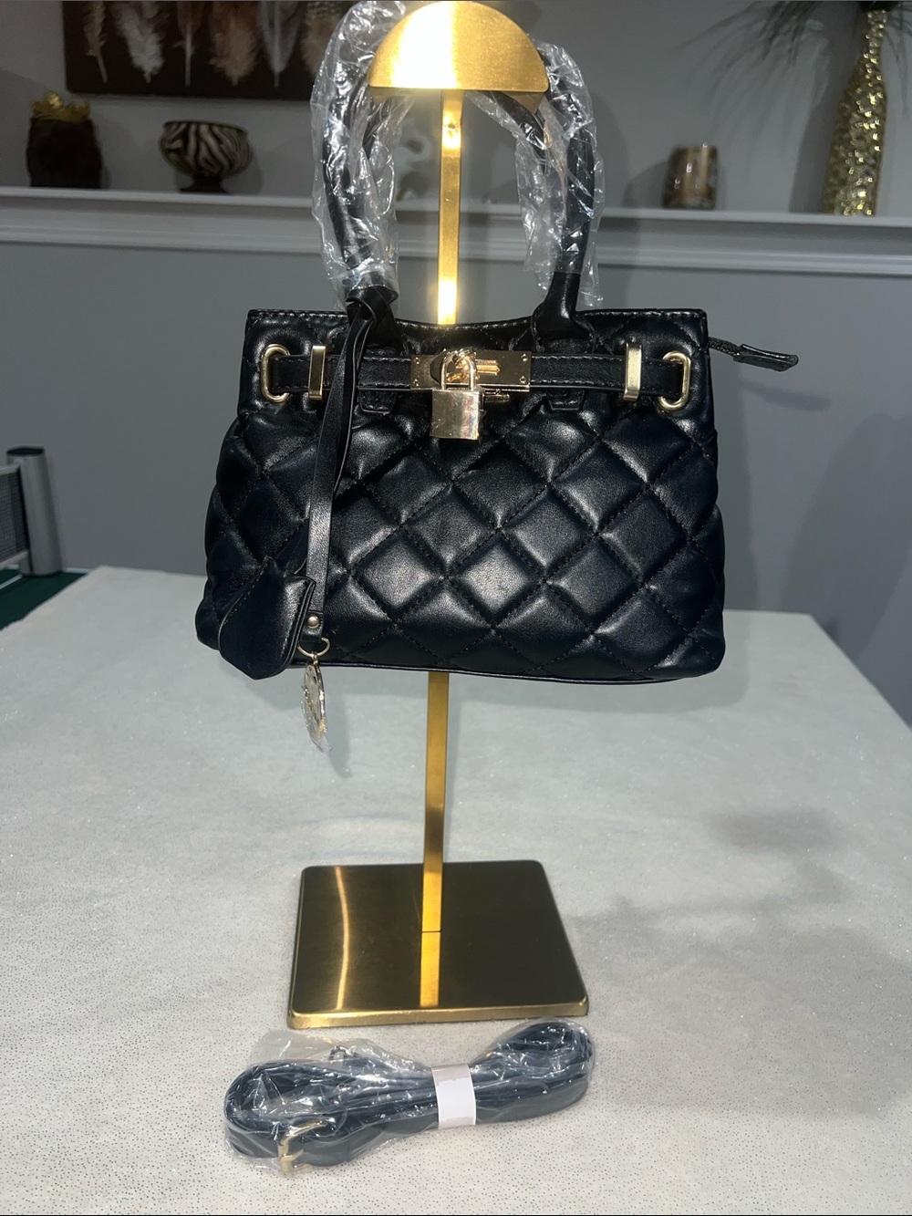 Badgley Mischka Small Quilted Black Satchel with Gold Hardware